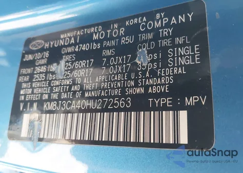 2017 Hyundai Tucson Se from USA, damaged, VIN KM8J3CA40HU272563